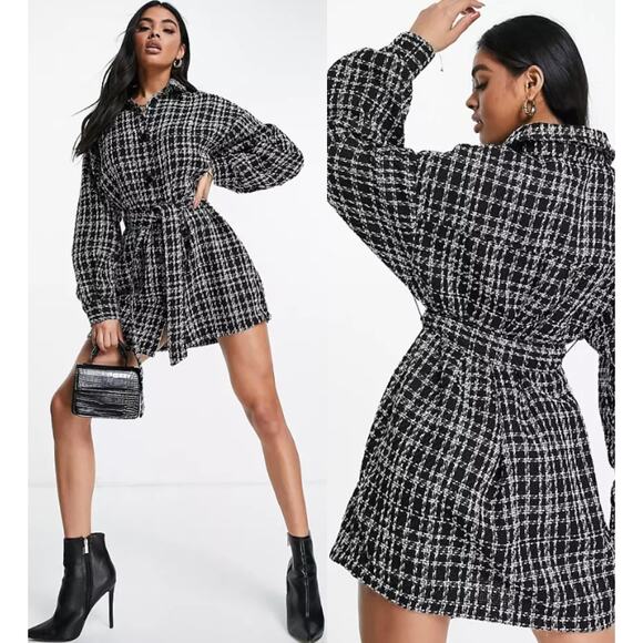ASOS Women’s Belted Mini Shirt Dress in Mono Boucle Black Long Sleeve Size 6 - Picture 1 of 7